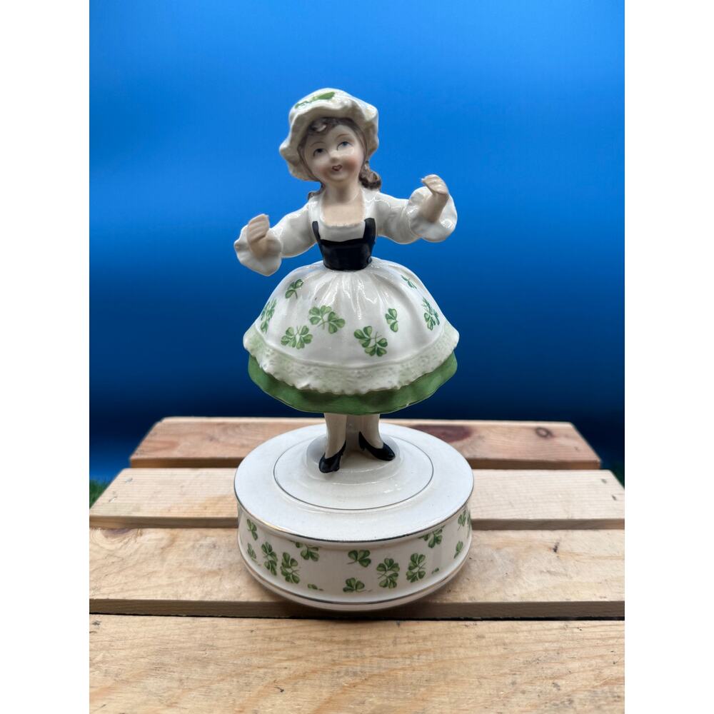 Vintage Schmid Irish Girl Shamrocks Porcelain Music Box - 9” Tall